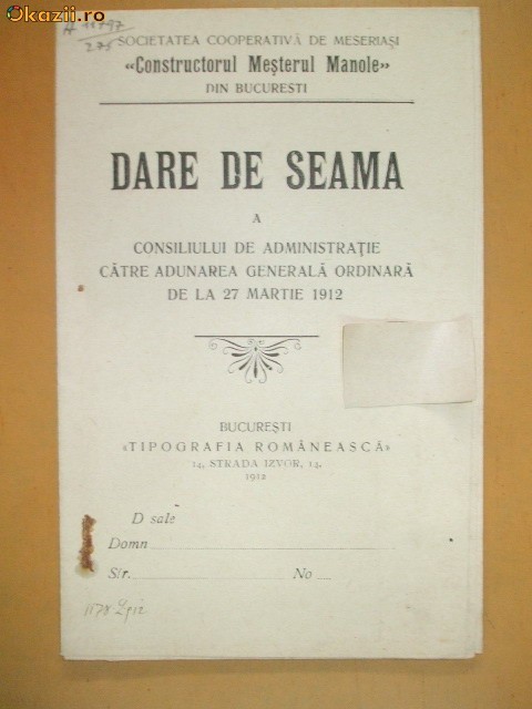 Dare de seama Soc. ,,MESTERUL MANOLE" Buc. 1912 Dare de seama Soc. ,,MESTERUL MANOLE" Buc. 1912