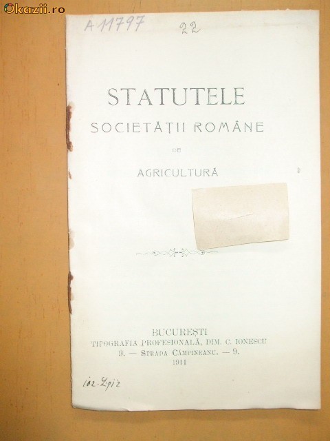 Statut Soc. romane agricultura Buc. 1911