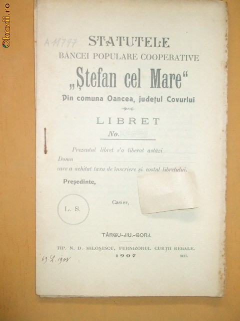 Statutele Bancei ,,STEFAN CEL MARE&amp;quot; Tg Jiu 1907