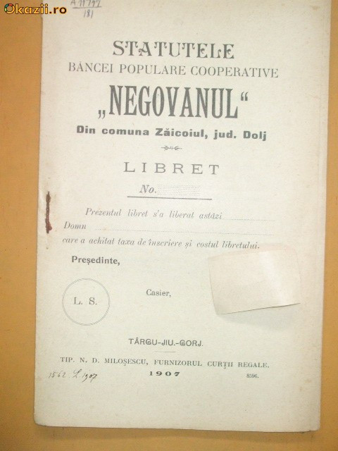 Statut Banca ,,NEGOVANUL&amp;quot; Dolj, Tg Jiu 1907