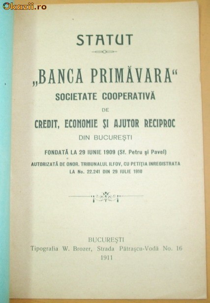 Statut Banca ,,PRIMAVARA" Buc. 1911 Statut Banca ,,PRIMAVARA" Buc. 1911