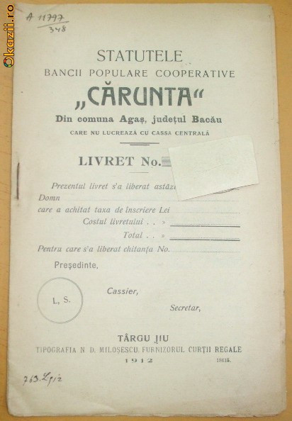 Statut Banca,,CARUNTA&amp;quot; Bacau Tg Jiu 1912