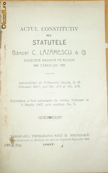 Statut Banca ,,C. LAZARESCU&amp;quot; Tg Jiu 1907