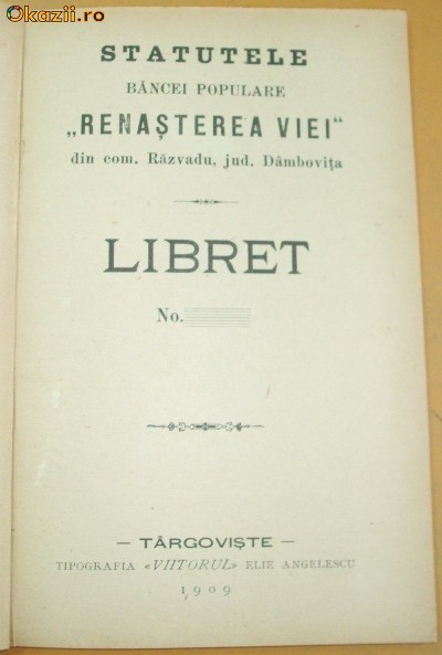 Statut Banca,,RENASTEREA VIEI" Targoviste 1909 Statut Banca,,RENASTEREA VIEI" Targoviste 1909