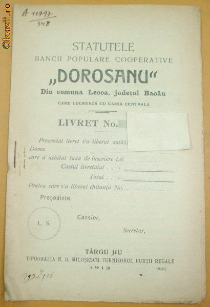 Statut Banca,,DOROSANU&amp;quot; Bacau Tg Jiu 1912