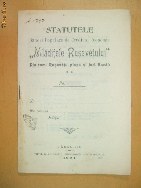Statut Banca ,, MLADITELE RUSAVETULUI&amp;quot; Tg Jiu 1904