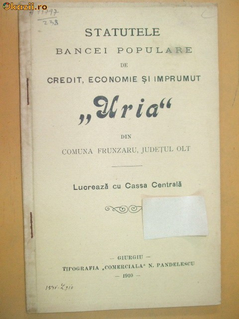 Statut Banca ,,URIA&amp;quot; Olt, Giurgiu 1910