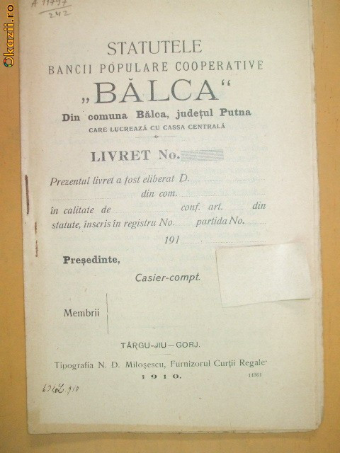 Statut Banca ,,BALCA&amp;quot; Putna Tg Jiu 1910