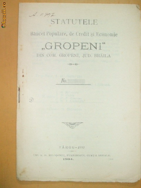 Statut Banca ,,GROPENI&amp;quot; Braila Tg Jiu 1904