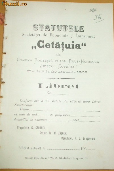 Statut- Soc. CETATUIA-Foltesti-jud. COVURLUI-1902 Statut- Soc. CETATUIA-Foltesti-jud. COVURLUI-1902