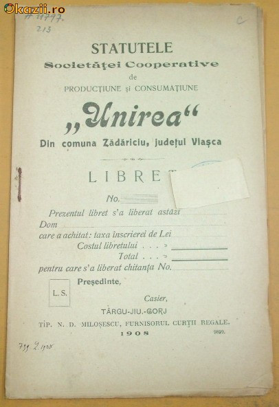 Statut-Soc. CooperativeUNIREA-Zadariuciu-jud. Vlasca-1908