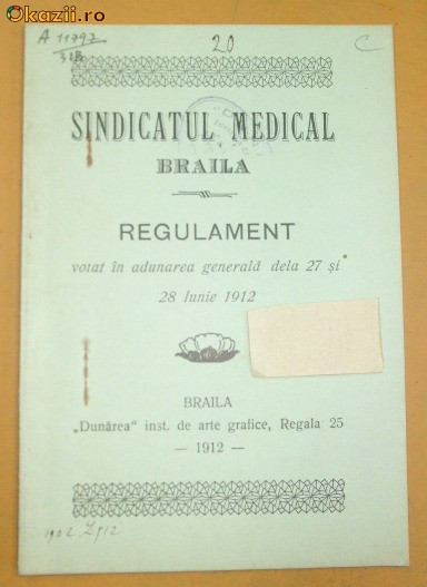 Regulament sindicat medical Braila 1912