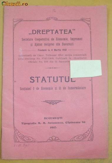 Statut Soc. imprumut ,,DREPTATEA" Buc. 1910 Statut Soc. imprumut ,,DREPTATEA" Buc. 1910