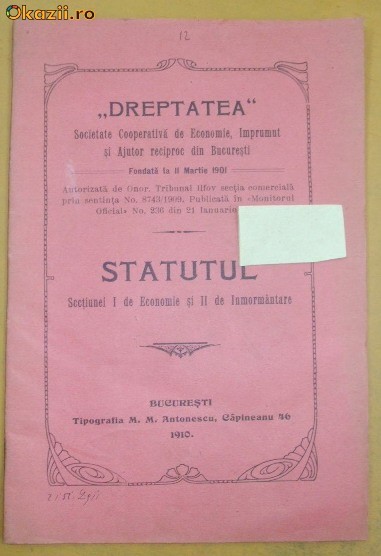 Statut Soc. imprumut ,,DREPTATEA&amp;quot; Buc. 1910