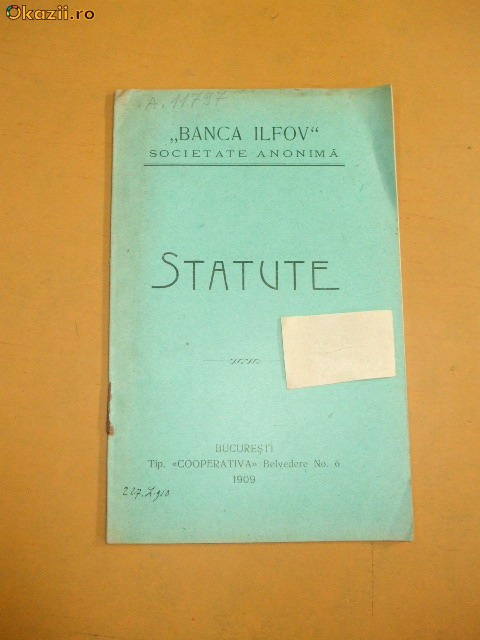 Statut Banca ,,Ilfov&amp;quot; Buc. 1909