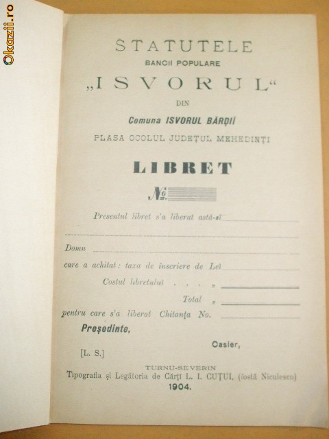 Statut Banca ,, Isvorul&amp;quot; T. Severin 1904