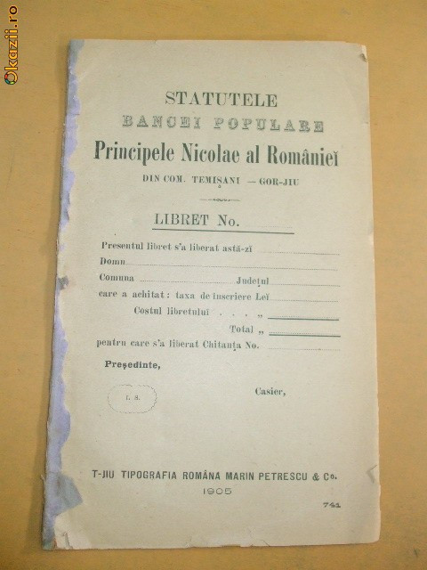 Statut Banca ,,Principele Nicolae&amp;quot; Tg Jiu 1905