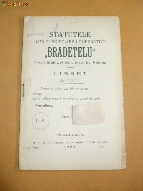 Statut Banca ,,BRADETELU&amp;quot; Targu-Jiu 1907