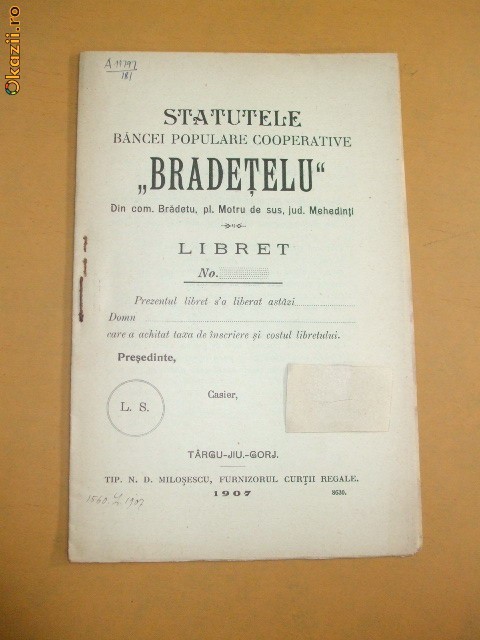 Statut-Banca-BRADATELUL-com Bradet, Mehedinti-1907 Statut-Banca-BRADATELUL-com Bradet, Mehedinti-1907