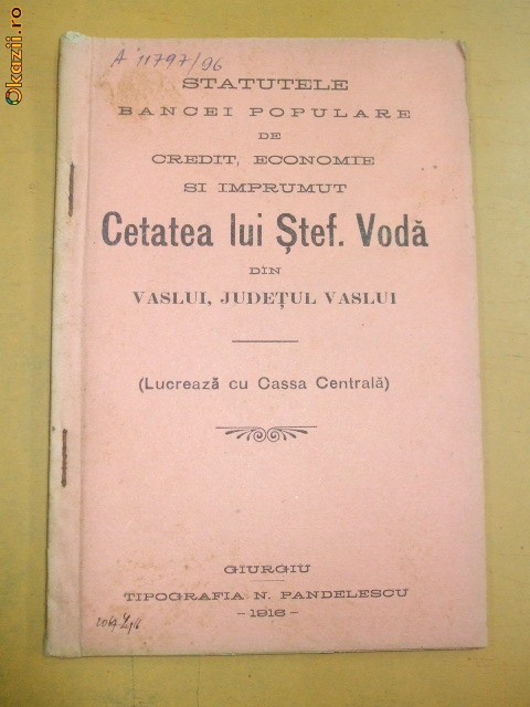 Statut Banca ,,Cetatea lui Stefan Voda&amp;quot; Giurgiu 1916