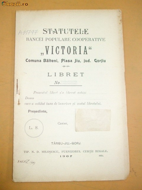 Statut Banca ,,Victoria&amp;quot; Tg Jiu 1907