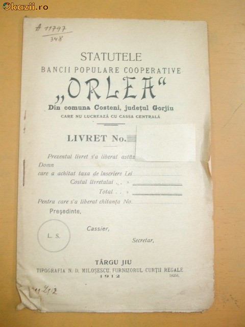 Statut Banca ,,Orlea&amp;quot; Tg Jiu 1912