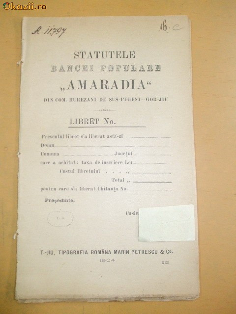 Statut Banca ,,Amaradia&amp;amp;quot; Tg Jiu 1904