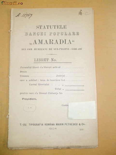 Statut Banca ,,Amaradia" Tg Jiu 1904 Statut Banca ,,Amaradia" Tg Jiu 1904