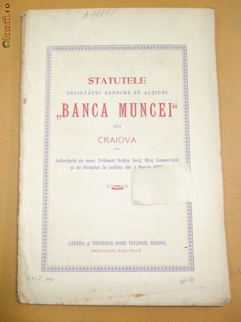 Statut Banca Muncei Craiova 1907 Statut Banca Muncei Craiova 1907