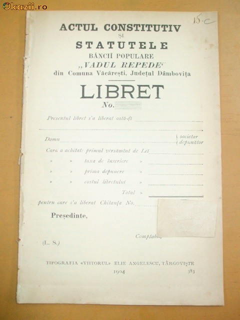 Statut Banca ,,Vadul Repede&amp;quot; Targoviste 1904
