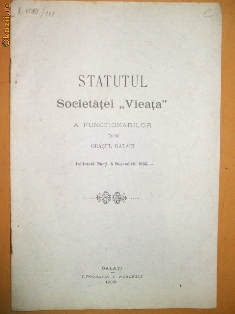 Statut Soc. functionarilor ,,Vieata&amp;quot; Galati 1906