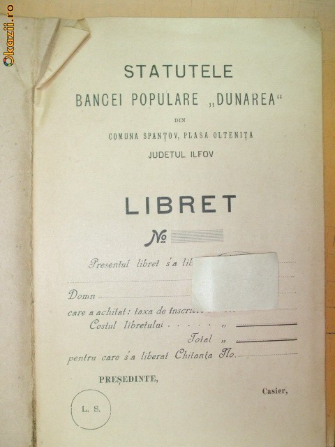 Statut Banca,, Dunarea" Ilfov, Buc. 1904 Statut Banca,, Dunarea" Ilfov, Buc. 1904