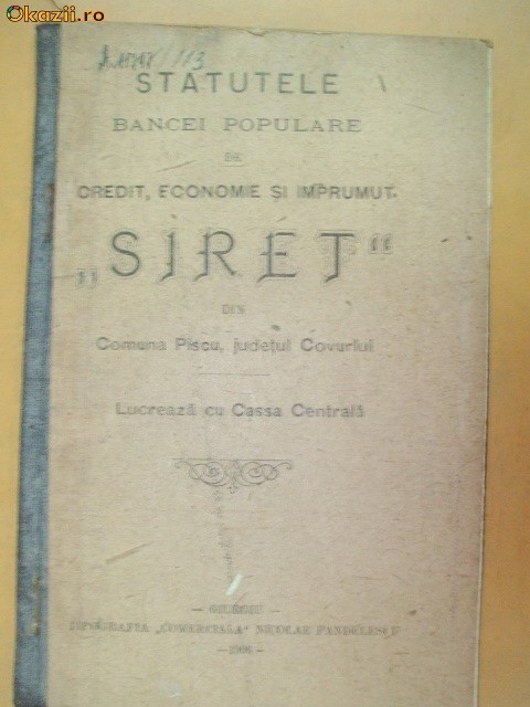 Statut Banca ,,Siret&amp;quot; Covurlui Giurgiu 1906