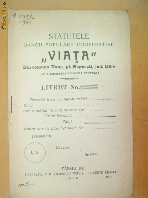 Statut Banca,, Viata&amp;quot; Ilfov, Targu Jiu 1912