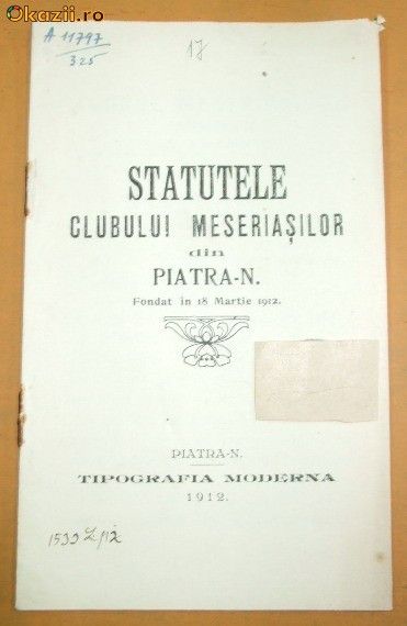Statut- Clubul Meseriasilor din Piatra Neamt-1912