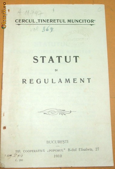 Statut Cercul Tineretul muncitor Buc. 1910