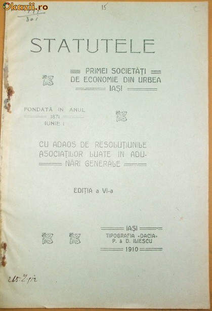 Statute Prima Soc. economie Iasi 1910 Statute Prima Soc. economie Iasi 1910