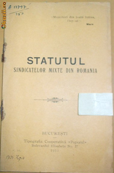 Statut sindicate mixte Romania Buc. 1910