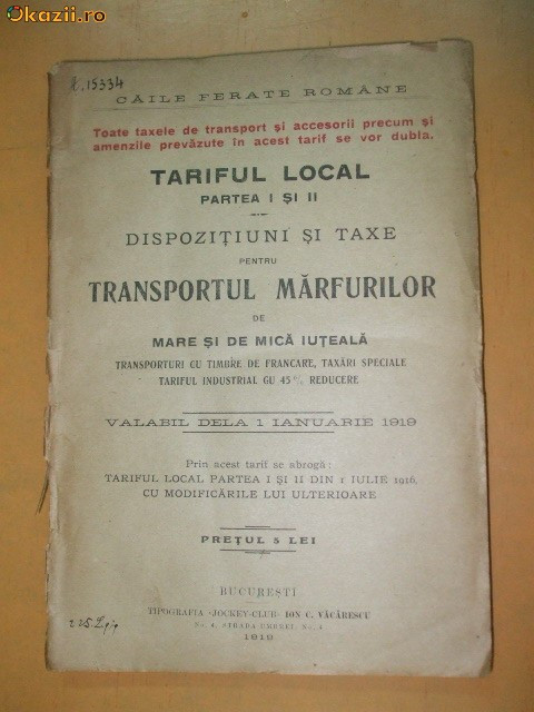 CFR Tariful local pt transport marfuri Buc. 1919