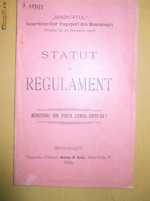 Statut sindicat lucratori tapiteri Buc. 1906
