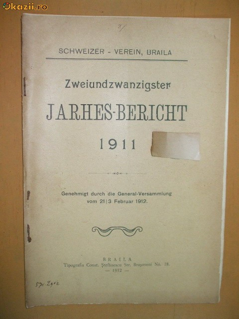 22 Jahres-Bericht Schweizer-Verein Braila 1912