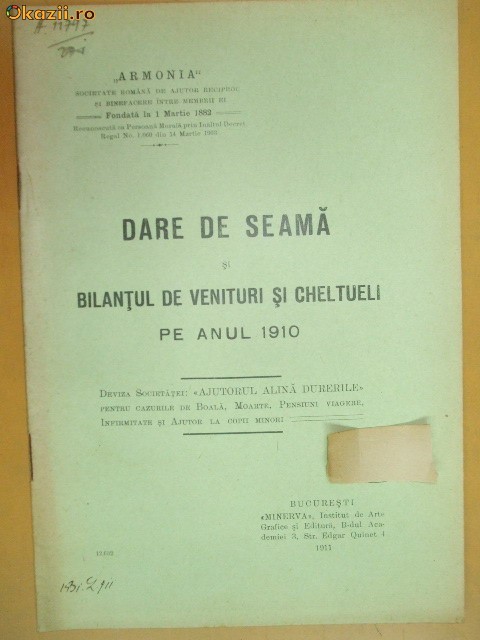 Dare de seama Soc. ajutor ,,Armonia" Buc. 1911 Dare de seama Soc. ajutor ,,Armonia" Buc. 1911