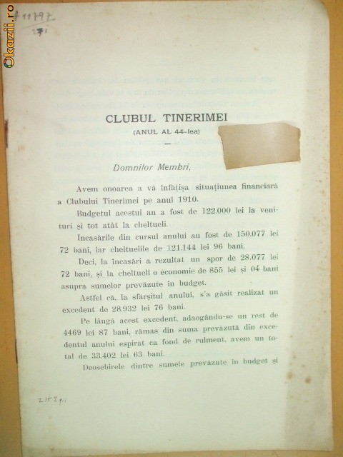 Clubul Tinerimei sit. financiara Buc. 1911