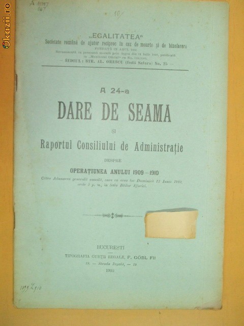 Dare de seama Soc. ajutor ,,Egalitatea" Buc. 1910 Dare de seama Soc. ajutor ,,Egalitatea" Buc. 1910