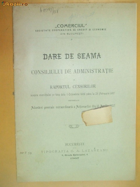 Dare de seama Soc. credit ,,Comerciul&amp;quot; Buc. 1907