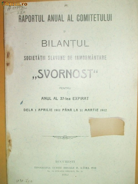 Raport Soc. slavona inmormantare ,,Svornost&amp;quot; Buc. 1912