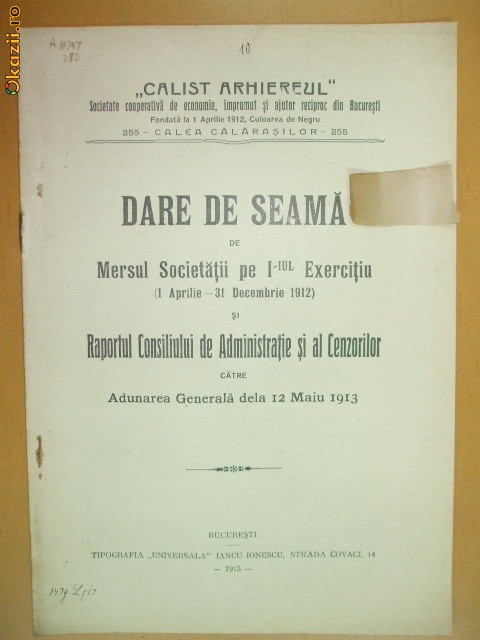 Dare de seama Soc. imprumut ,,Calist arhiereul&amp;quot; Buc. 1913