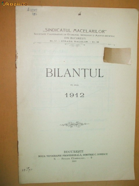 Bilant Sindicatl Macelarilor Buc. 1913