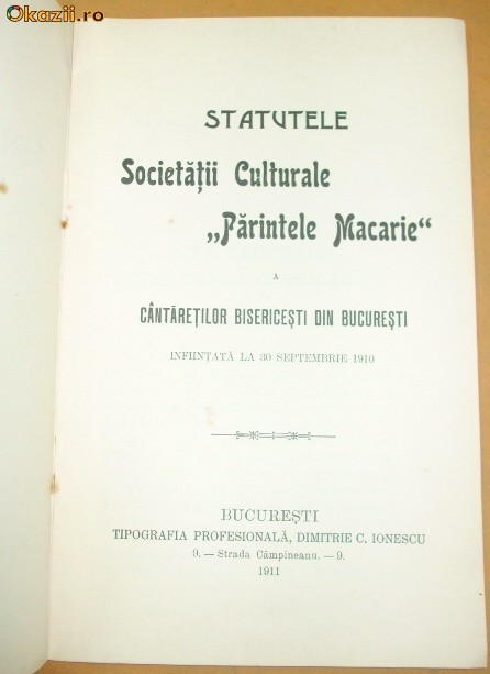 Statut- Soc. Culturale-&amp;quot;Parintele Macarie &amp;quot;--1911