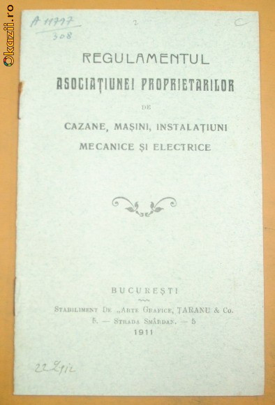 Regulament Asoc. Proprietari-cazane, masini electrice-1911 Regulament Asoc. Proprietari-cazane, masini electrice-1911